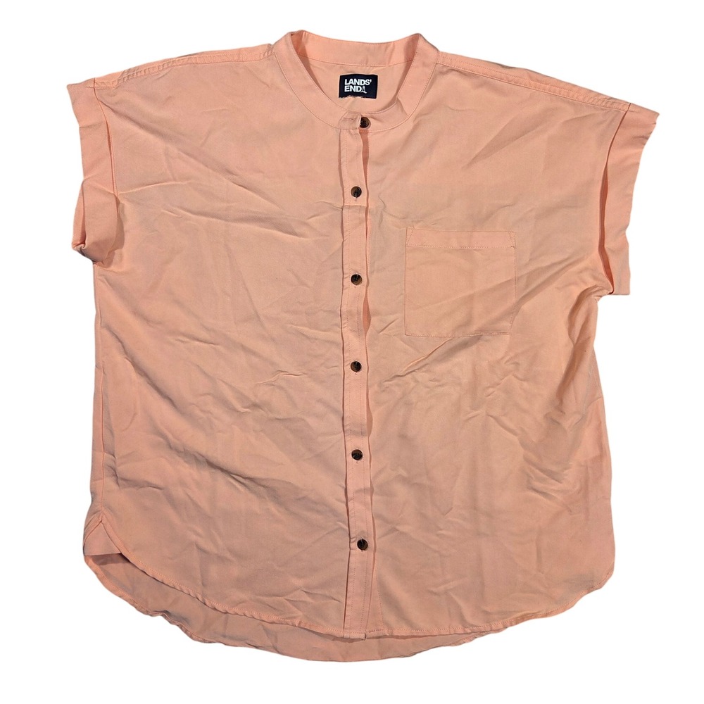 Lands End Peach Short Sleeve Mandarin Collar Button Down Blouse Shirt XL